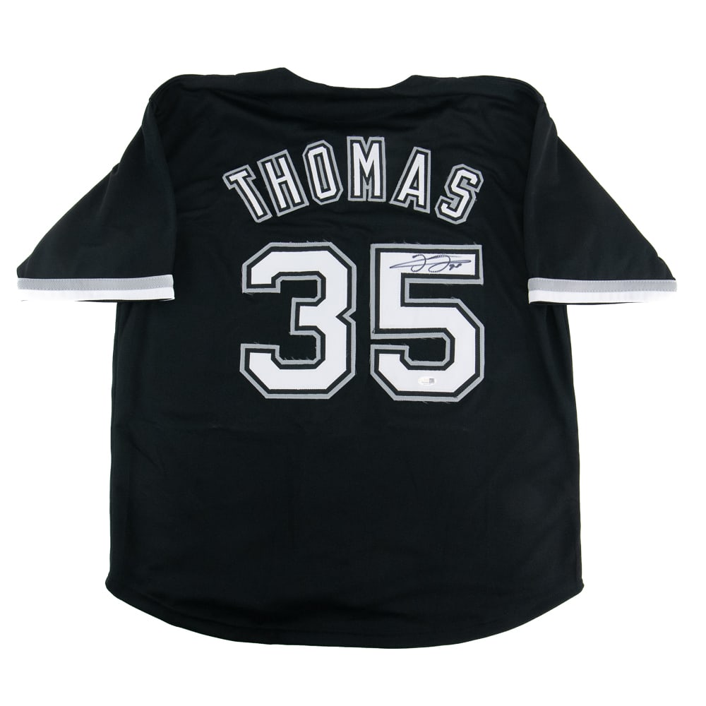 Frank Thomas AUTOGRAPHED Chicago White Sox JSA COA: Frank Thomas Autographed "Chicago White Sox" Jersey with JSA authentication. Strong bold black autograph on #5. Perfect addition to any collection, please use photos to judge condition and bid accordi