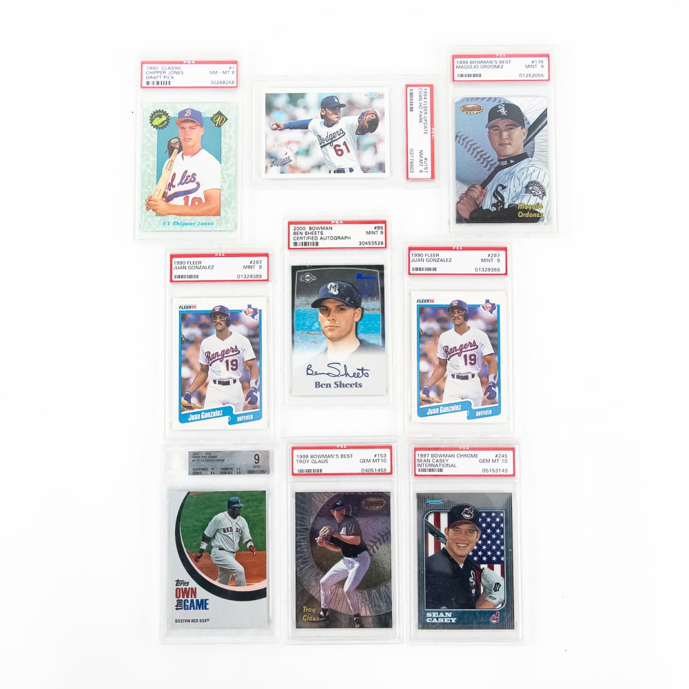 (9)MLB Slabbed Card Assortment B Sheets AUTO Jones: Collection features (2)1990 Fleer #297 Juan Gonzalez PSA 9, 2000 Bowman #BS Ben Sheets PSA 9, 1990 Classic Chipper Jones Draft Pick PSA 8, 1998 Bowmans Best #178 Magglio Ordonez PSA 9, 1997 Bowman Chr