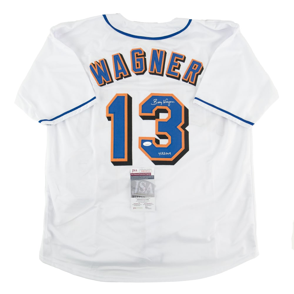 Billy Wagner AUTOGRAPHED NY METS Jersey JSA: Billy Wagner Autographed "New York Mets" Jersey with JSA authentication. Strong bold SILVER autograph centralized on #3 featuring inscription 422 svs. Perfect addition to any collection, please use ph