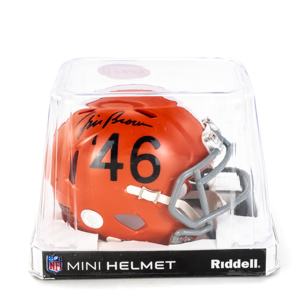Jim Brown Auto #46 D Fleming Electrocution Mini: Jim Brown AUTOGRAPHED Cleveland Browns #46 Mini Helmet with Schwartz COA. Perfectly presented inside original packaging featuring a strong bold black signature. The number #46 was worn by Don Fleming,