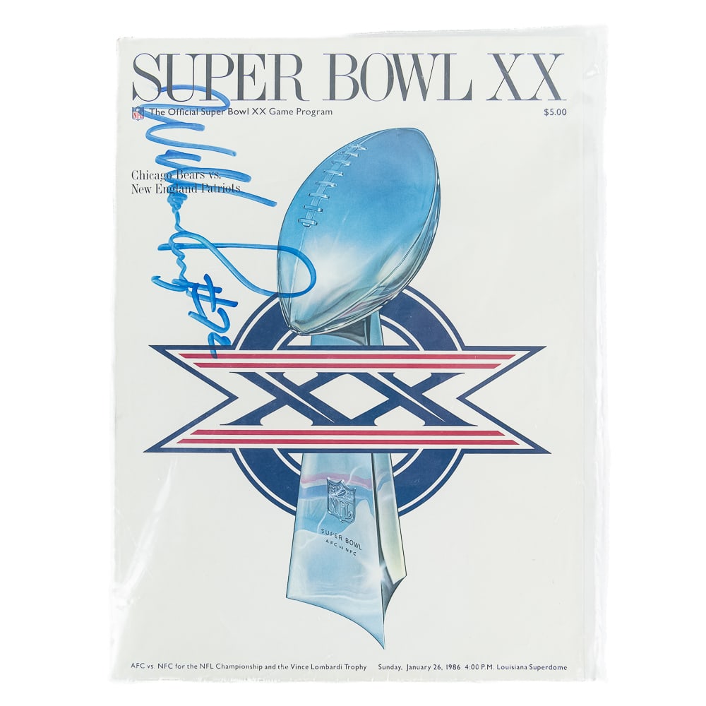 William The Fridge Perry AUTOGRAPHED SB XX Program: Chicago Bears Fan Favorite William Perry "THE FRIDGE" AUTOGRAPHED Official Super Bowl XX Game Program. Showcasing bold blue signature near top edge. In very good overall condition, properly stored exa