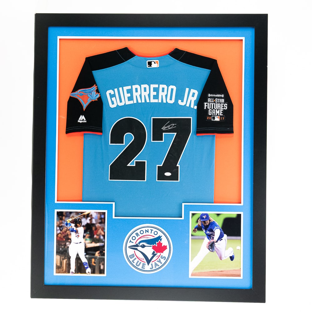 Vlad Guerrero Jr AUTO All Star 2017 Framed Jersey: Framed Vladimir Guerrero AUTOGRAPHED 2017 All Star #27 custom jersey with JSA COA. Perfectly presented with custom framing & matting and a strong bold silver felt tipped signature on 7; approximately