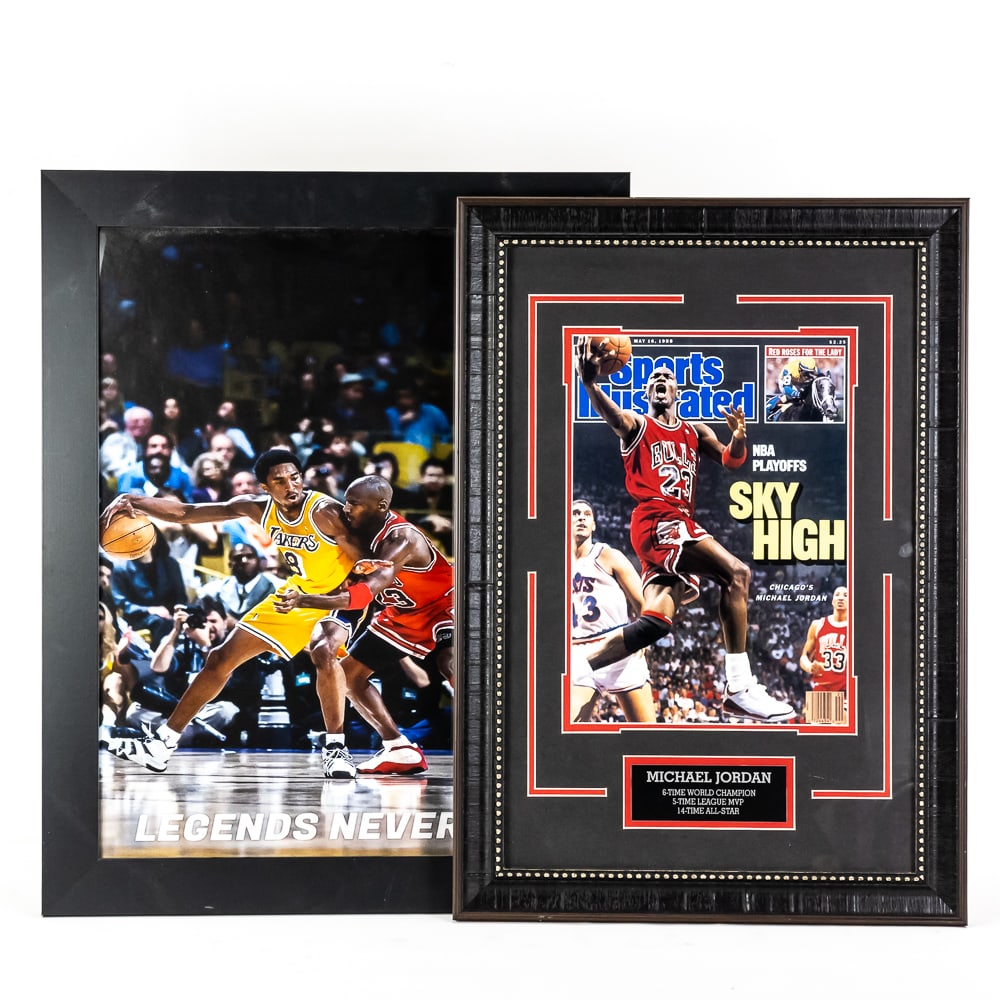 Framed Jordan1988 Sports Illustrated & Kobe Print: Collection showcases "Legends Never Die" Kobe vs Jordan framed print (New 26.5"t x 21"l) along with professionally framed and matted "Sky High" May 16, 1988 Sports Illustrated Print featured inside