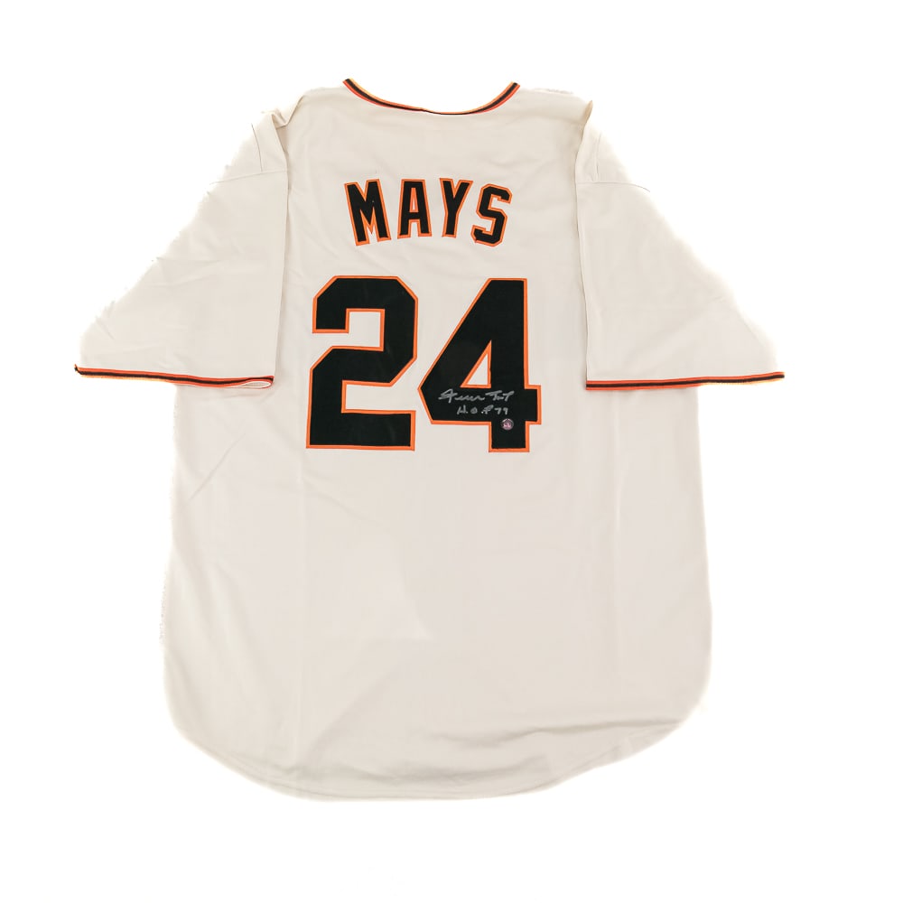 Willie Mays Autographed San Francisco Jersey COA: Willie Mays AUTOGRAPHED custom San Francisco Giants XL jersey. Attractive throwback look perfectly accented with bold silver signature with "HOF 79" inscription centralized on the "4"; Say Hey Authent