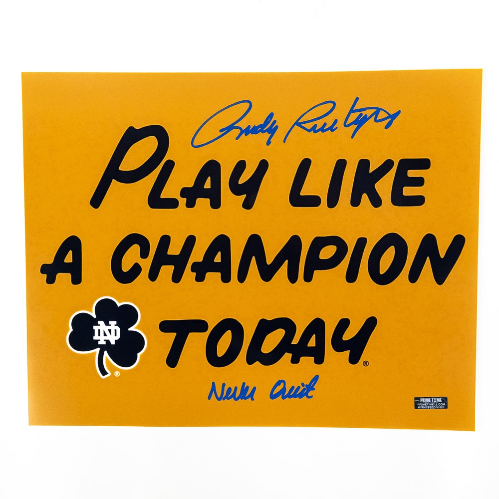Rudy Ruettiger Autographed ND Play Like A Champion: Rudy Ruettiger AUTOGRAPHED Notre Dame "Play Like A Champion Today" 11"t x 14'l print. Features attractive bold blue signature & inscription accented with PrimeTime hologram COA. NEVER QUIT!!! Must Hav