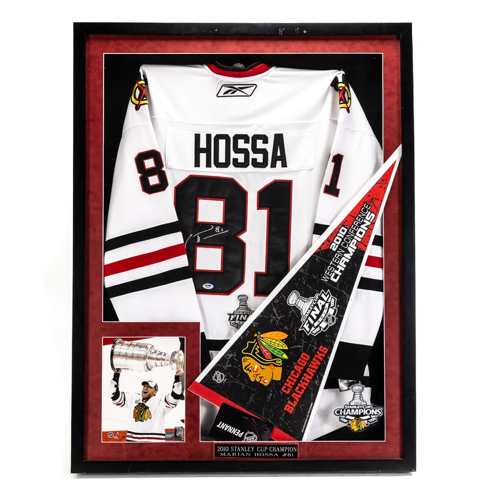 Marian Hossa Autographed Jersey Framed Shadow Box: Marian Hossa AUTOGRAPHED Chicago Blackhawks Jersey showcased inside an attractive custom shadow box display. Hanging Jersey is presented perfectly within the Blackhawks Red boarder perfectly matched