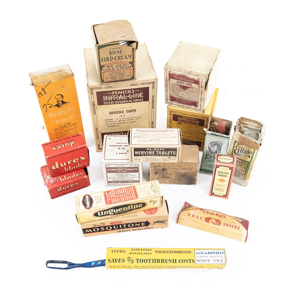 Vintage Boxes of Apothecary Items: Vintage Boxes of Apothecary Items includes Penick's Quassia Chips, Adonis Vernalis, Liquid Hair Removal, McKesson's Aloes Cape, Kabat Rose Cold Cream, Dr. Miles' Nervine Tablets, Mercuro-Chrome and