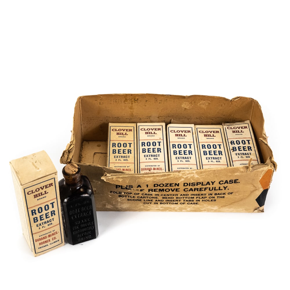 Box of Vintage Clover Hill Root Beer Extract: Box of Vintage Clover Hill Root Beer Extract distributed by Durand-McNeil-Horner Co, Chicago, IL, includes 6 boxes of product, original display box in poor condition, no top, each box of extract has