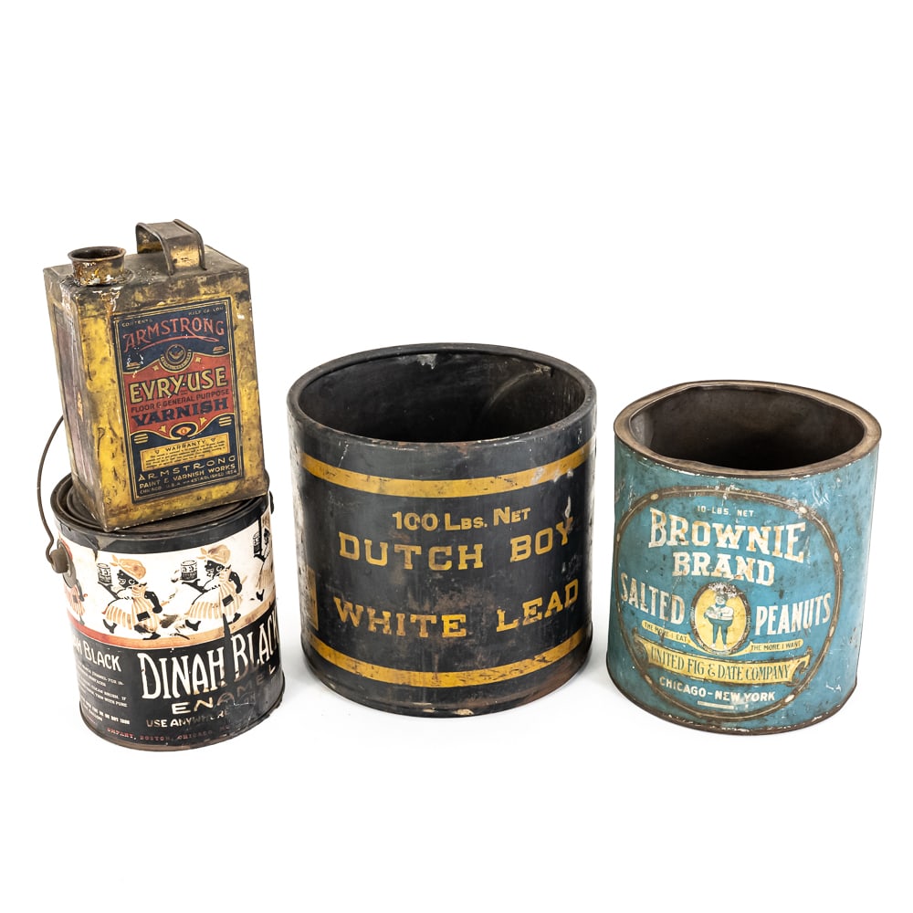 (4) Vintage Tins/Canisters: (4) Vintage Tins/Canisters includes an Armstrong Evry-Use Varnish can, a Dinah Black Enamel paint tin, produced in Boston and Chicago, features Black Americana graphics of a woman in a striped dress