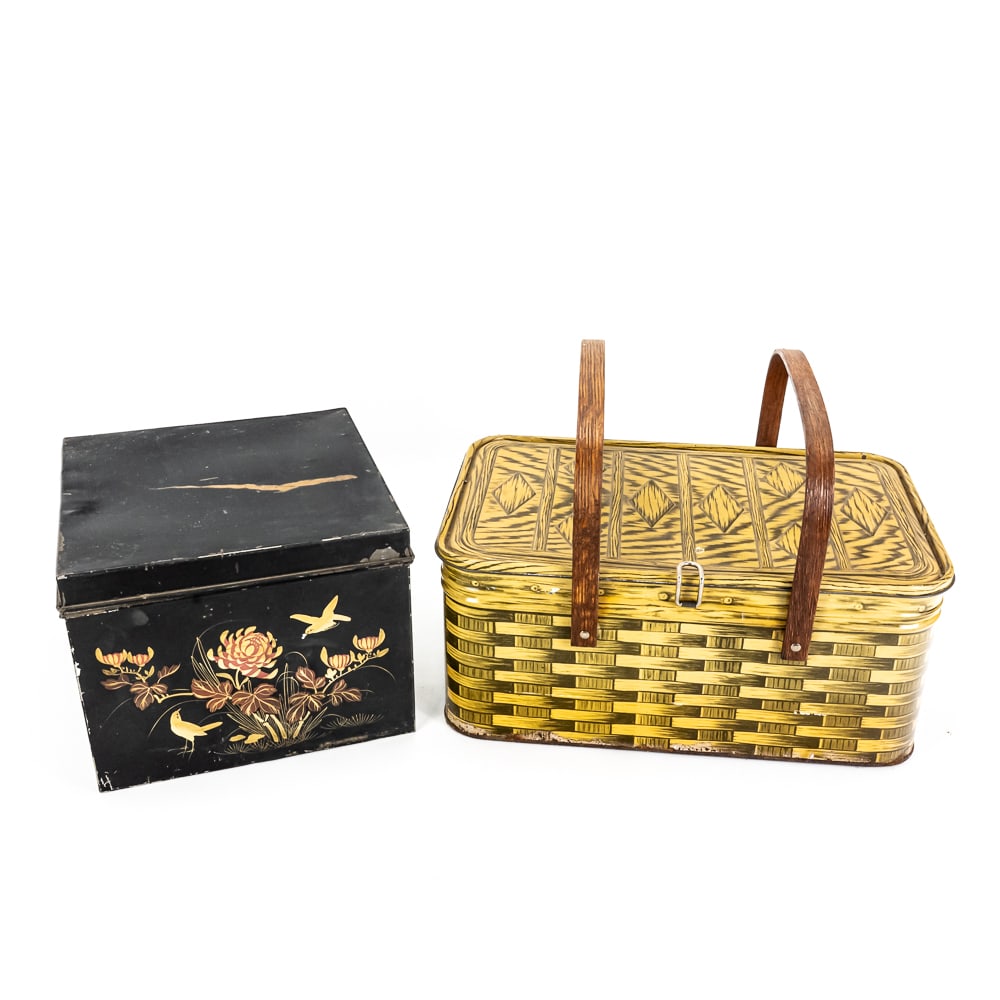 Vintage Metal Picnic Basket & Asian-Style Tin Box (1 of 16)