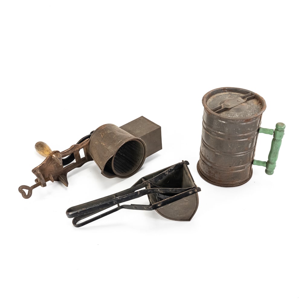 Box Lot Antique Kitchen Tools: Box Lot Antique Kitchen Tools includes a Bromwell's flour sifter, a Marras Germany #59 manual grater, and a Henis Press tin grater, see photos.Own a piece of history from the Donley's Wild West Town