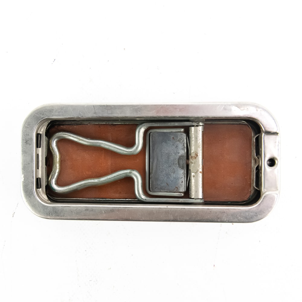 Vintage Rolls Razor Sharpener: Vintage Rolls Razor Sharpener, Sheffield, England, shaving system includes a reusable blade, a hone and a leather strop built into a metal case, missing sharpening stone side,movement appears to be
