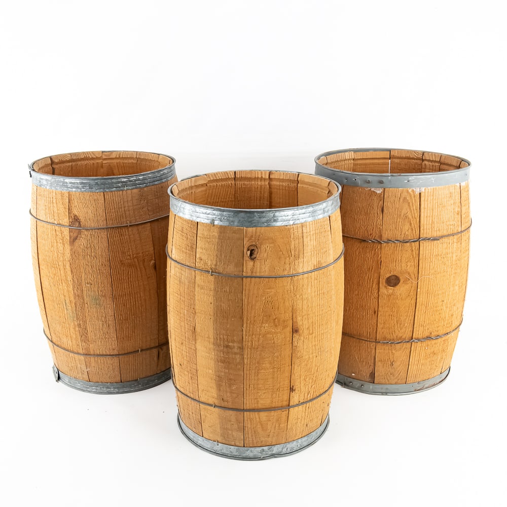 (3) Vintage Nail Kegs: (3) Vintage Nail Kegs used to store nails, produce, dry goods, utilized today for rustic farmhouse decor, functional storage or as planter, comes with wood with lids, 18.5" x 12", see photos.Own a