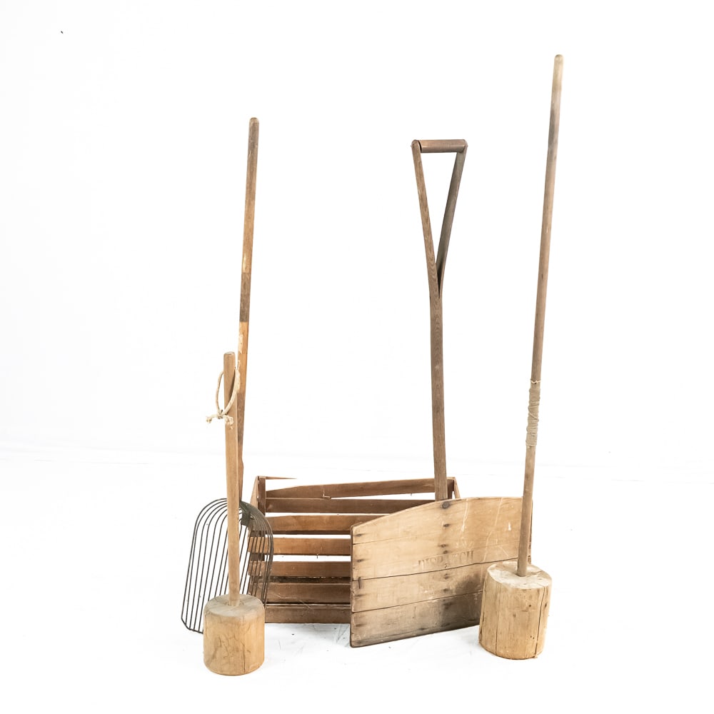 (4) Antique/Primitive Farm Tools: (4) Antique/Primitive Farm Tools includes a wire tine farm shovel used as a potato scoop, corn cob shovel or coal sifter, 50" long, a wooden grain scoop with "Dispatch Owosso Mich" stamped into the
