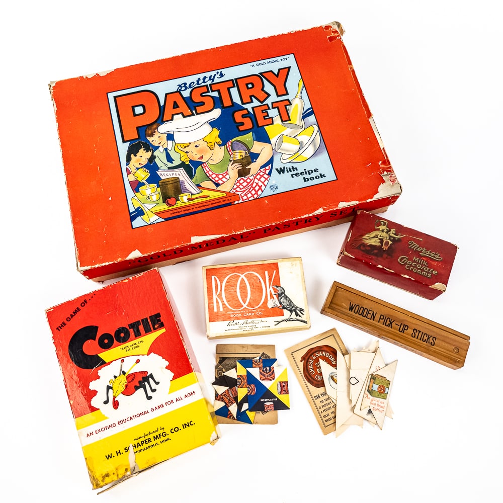 Bettys Gold Medal Pastry Set, Cootie Pick Up Stick: Collection includes Bettys Gold Medal Pastry set still showcased inside original box, Cootie, Wooden Pick Up Sticks, Rook & EMPTY Morse's Chocolate Cream box. Perfect addition to your collection, plea