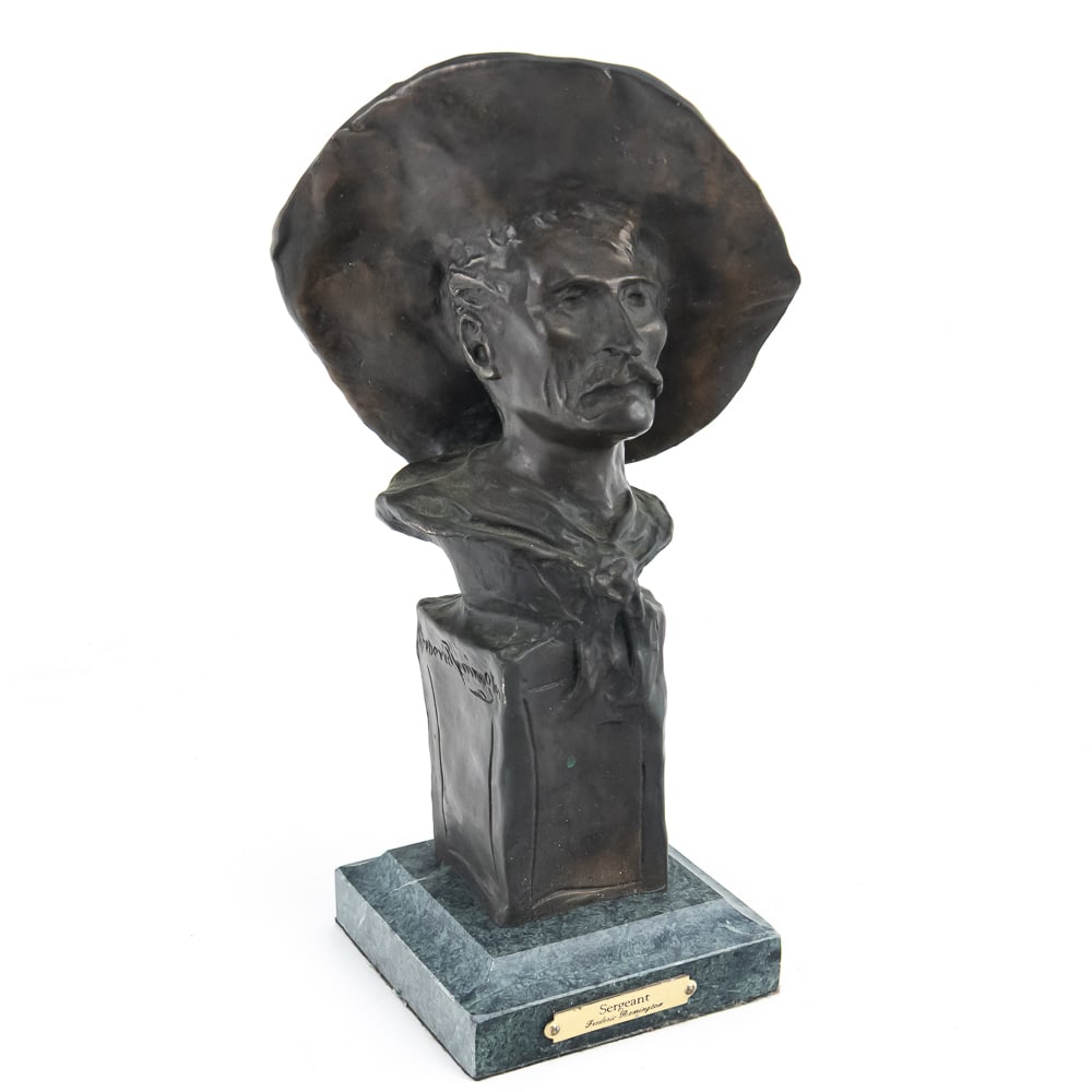 Bronze Sculpture "The Sergeant" Rough Rider: Bronze Sculpture "The Sergeant" originally modeled in 1904 by American artist Frederic Remington, intended as a tribute to the First US Volunteer Cavalry known as the Rough Riders, with whom