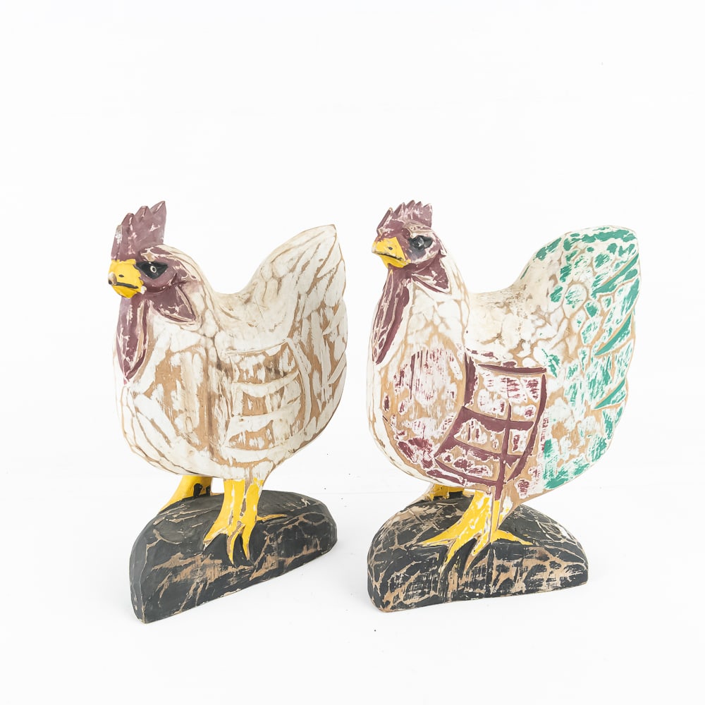 Pair Folk Art Wooden Roosters (1 of 6)