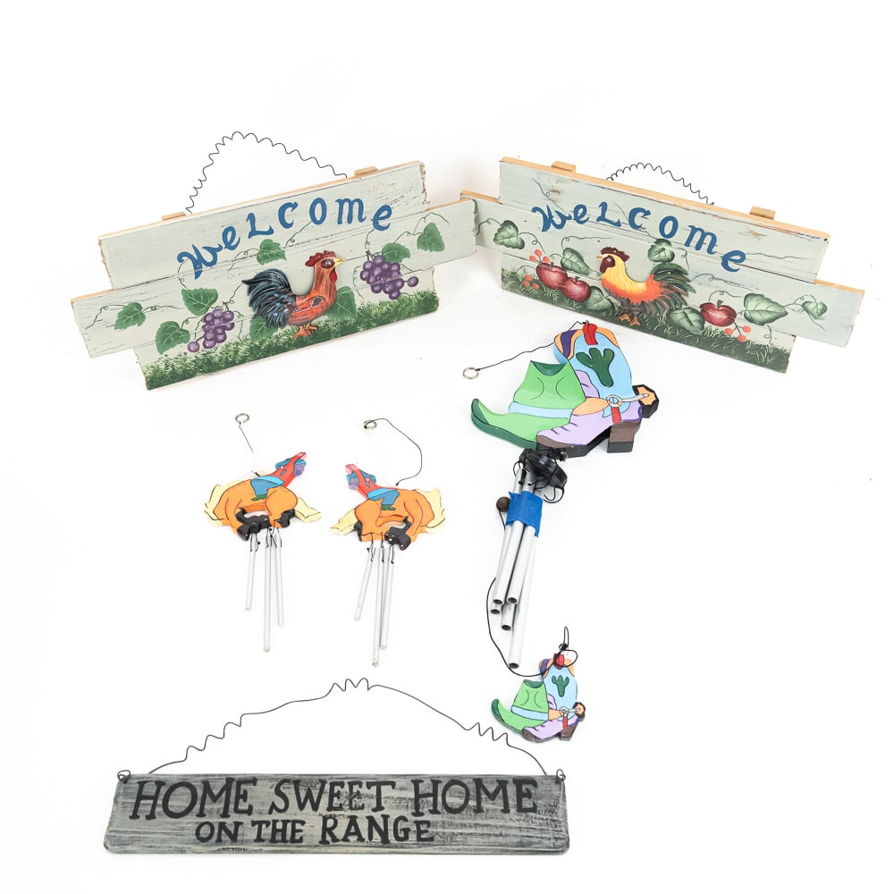 Decorative Welcome Signs & Wind Chimes: Decorative Welcome Signs Wind Chimes, new old stock, includes two farmhouse wood "Welcome" signs, 16", one "Home Sweet Home on the Range" wood sign, 12", and three colorful cowboy-themed wind chimes