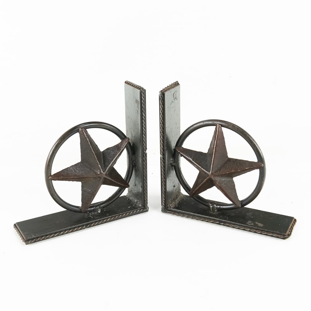 Pair of Texas Ranger Star Bookends: Pair of Texas Ranger Star Bookends features a 3D Lone Star in center with a rope braided trim, made of wrought iron with a rustic bronze finish, 7.5" x 7.5", good condition, see photos.Own a piece of