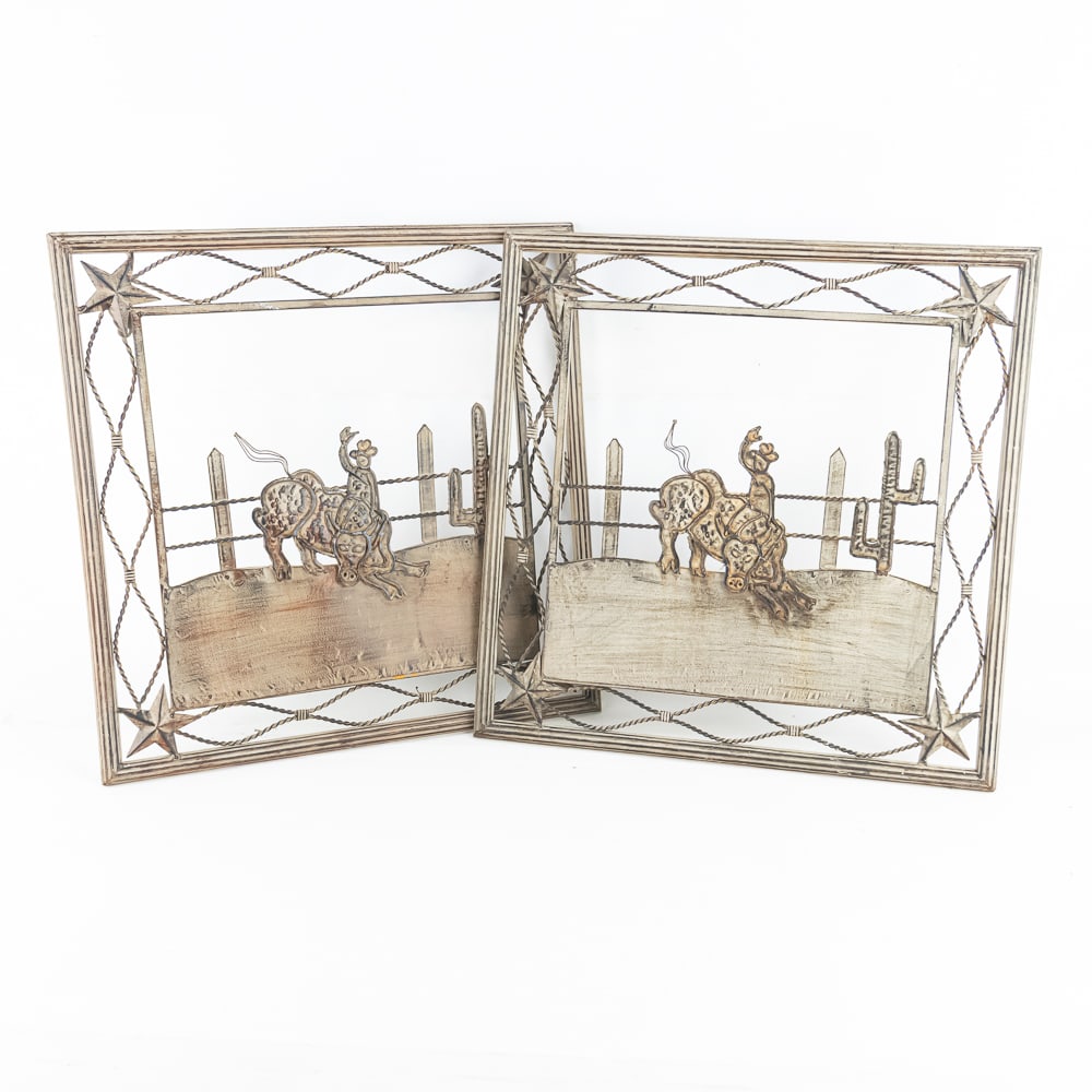 Pair of Metal Western-Theme Wall Decor: Pair of Metal Western-Theme Wall Decor, new old stock, features a cowboy riding a bucking bronco in a desert landscape, has a metallic look, 24" x 24", good condition, see photos.Own a piece of