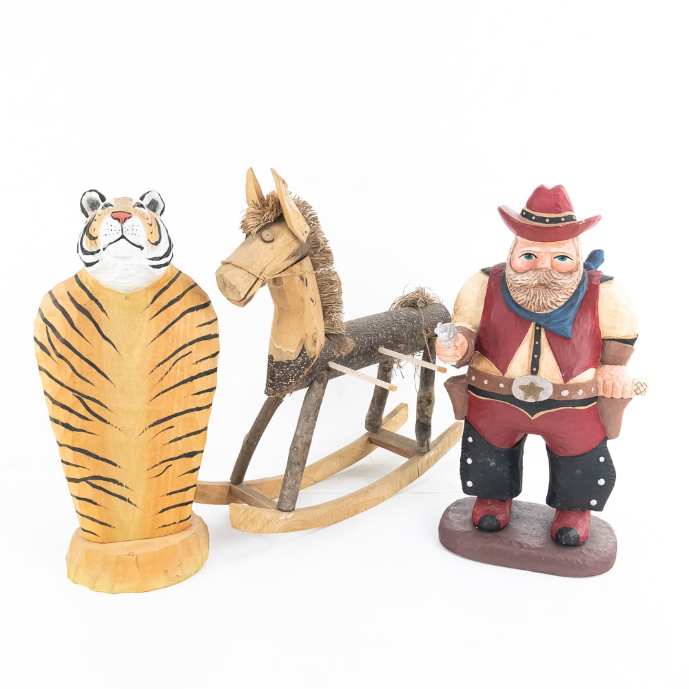 (3) Folk Art, Wooden Figurine, Easel: (3) Folk Art, Wooden Figurine, Easel includes a rustic, handmade wooden rocking horse, made of wood, branches and twigs with a twine mane, one of the wood foot rests is broken, 15" x 16", a "Texas