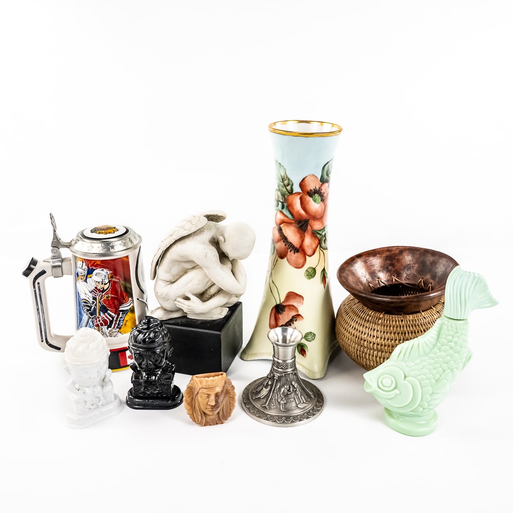 Assorted Eclectic Collectibles Vase Sculpture Mug+: Eclectic collection showcases 12" H&C Bavaria Selb signed fotted vase, 8.5"t kneeling Angel on black square base, Blackhawks Beer Stein, Humpy dumpty salt and pepper shakers with no bottoms, 5.5"t