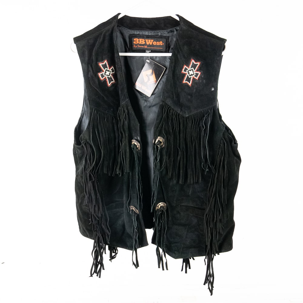 Black Western Suede/Leather Vest w/Fringe Sz XL (1 of 7)