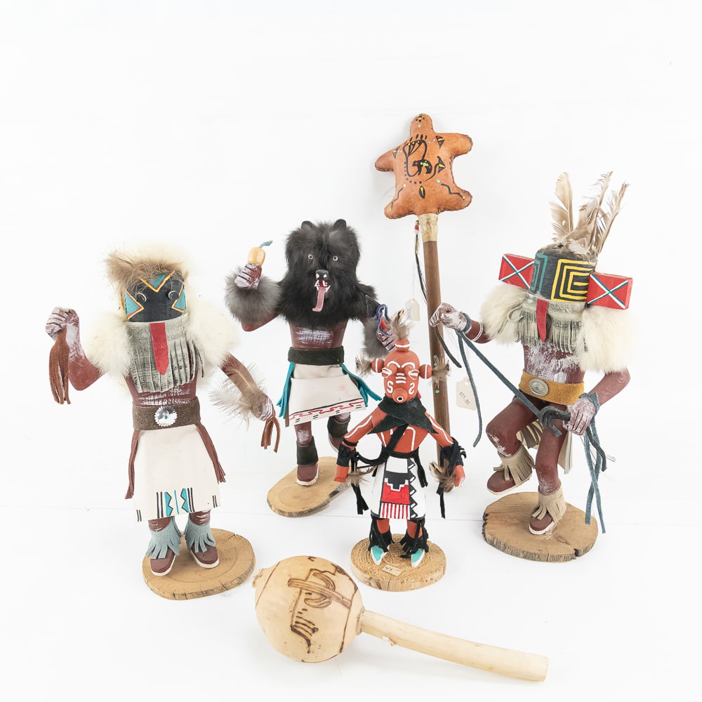 Native American Kachina Dolls, Misc: Native American Kachina Dolls, Misc includes three Kachina dolls, representation of spiritual beings in Hopi and Navajo cultures, approx 11" tall, a Mudhead Kachina doll, hard-carved from cottonwood r