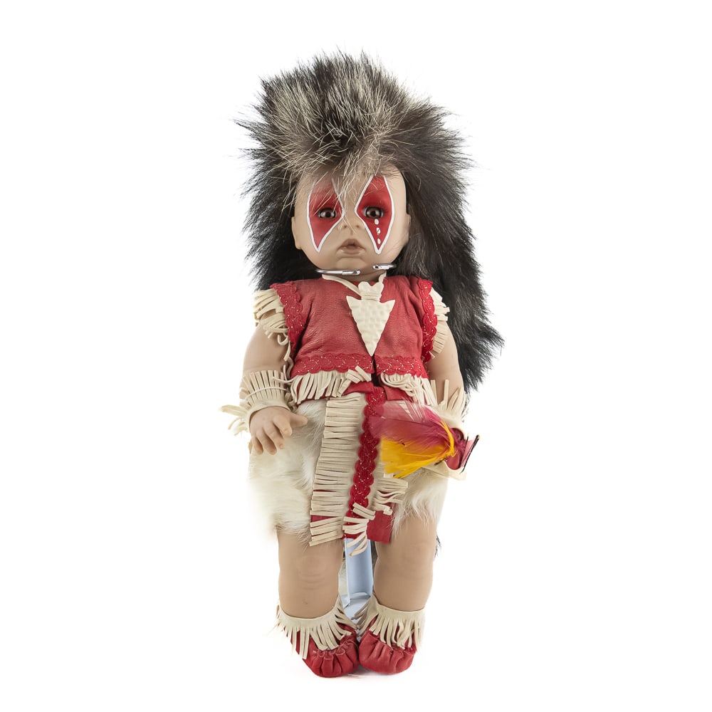 Native American Shirley Davis Doll: Native American Vinyl Doll features face paint, a fur headdress, suede clothing with beaded details, display pieces rather than toys, 14" tall, signed Shirley Davis, 5/98 SLD on back, good condition,