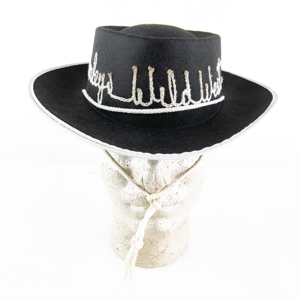 Kids Black Felt Cowboy Hat from Donley's WWT: Kids Black Felt Cowboy Hat from Donley's Wild West Town's Gift Shop, new old stock, features the phrase "Donley's Wild West" hand-embroidered across front of crown, star shaped sheriff's badge and