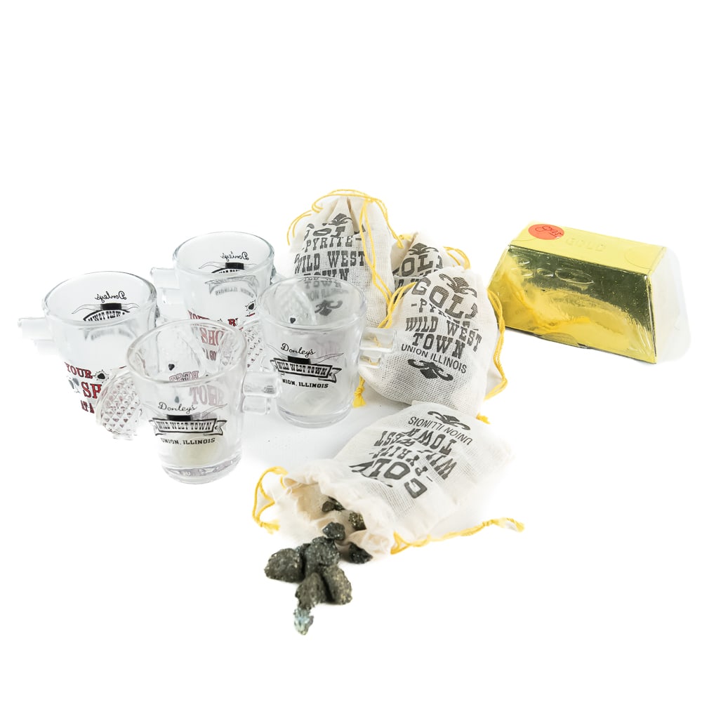 Donley's Wild West Town Gold Pyrite, Shot Glasses: Donley's Wild West Town Gold Pyrite, Shot Glasses includes five bags of gold Pyrite, four souvenir shot glasses with "Your Best Shot at a Good Time"and one Chip Away Gold box, use the chisel and