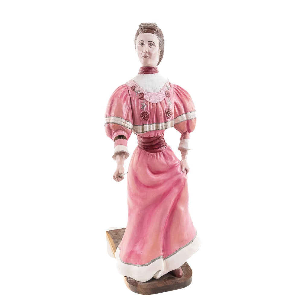 Carved Wood Female Band Organ Figure: Carved woman band organ figure, the head turns, right arm moves up and down, all controlled from back. There is a rip in her dress on the arm holding the baton. Good condition, 23 1/2" H with base 9" 