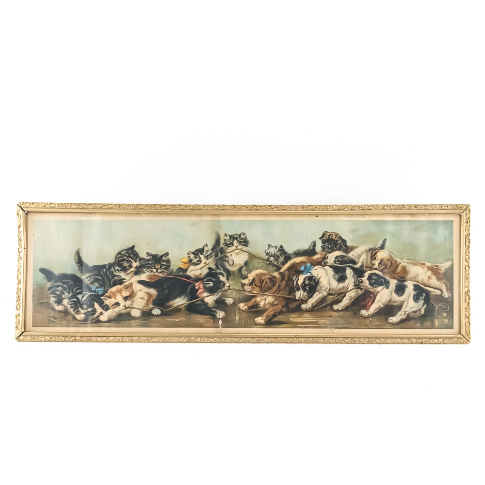 Wood Framed Print "Puppies & Kittens": A cute print of lots of puppies playing with kittens. Wood frame is cracked, glass is good. Overall fair to good condition. 3/4" D x 37 1/2" W x 11 1/2" H