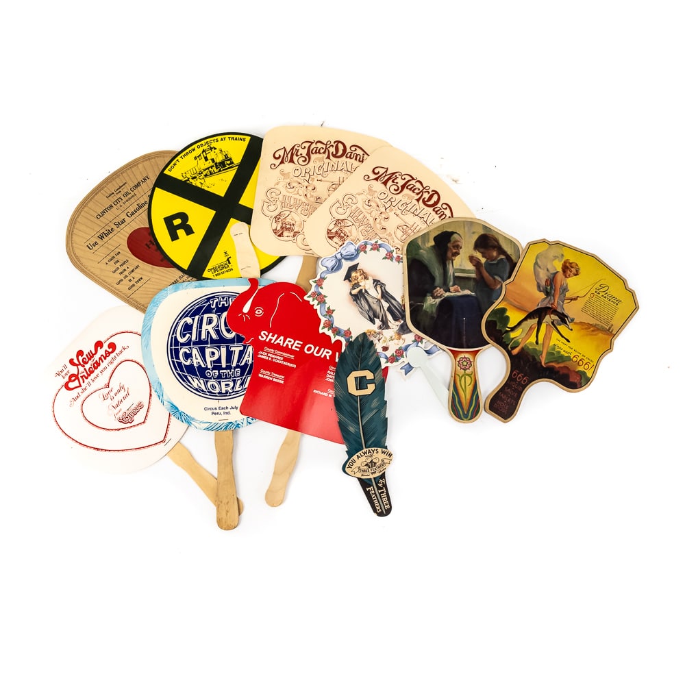 Collection of 11 Advertising Hand Fans: Includes Three Feathers Whiskey, Renz's Bread Lima Ohio, Clinton City Oil Co. Clinton Indiana, 666 Salve and Nose Drops, New Orleans tourist promo, , Circus Capital of the World Peru Indiana, a