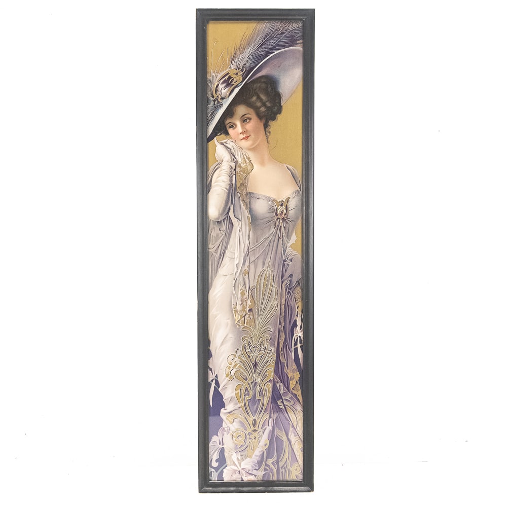 Framed Print of Edwardian Era Woman: This elegant, elongated portrait captures the quintessential aesthetic of the Edwardian era, featuring a stylishly dressed woman in a wide-brimmed feathered hat and formal evening attire. The