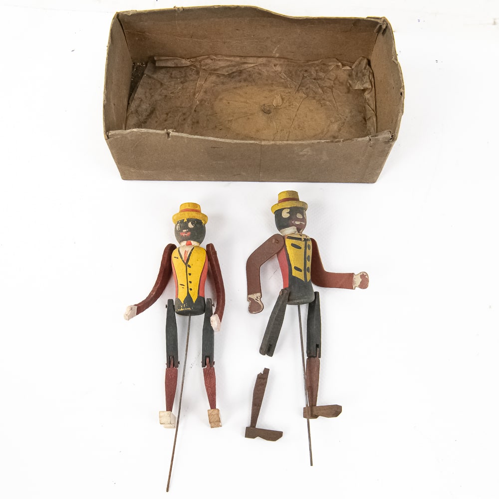 Vintage Phonograph Dancing Toy Pair: These charming early 20th-century folk art marionettes, likely dating to the 1920s or 1930s, are accessories for a "dancing" phonograph system—designed to be animated by the rotation of a