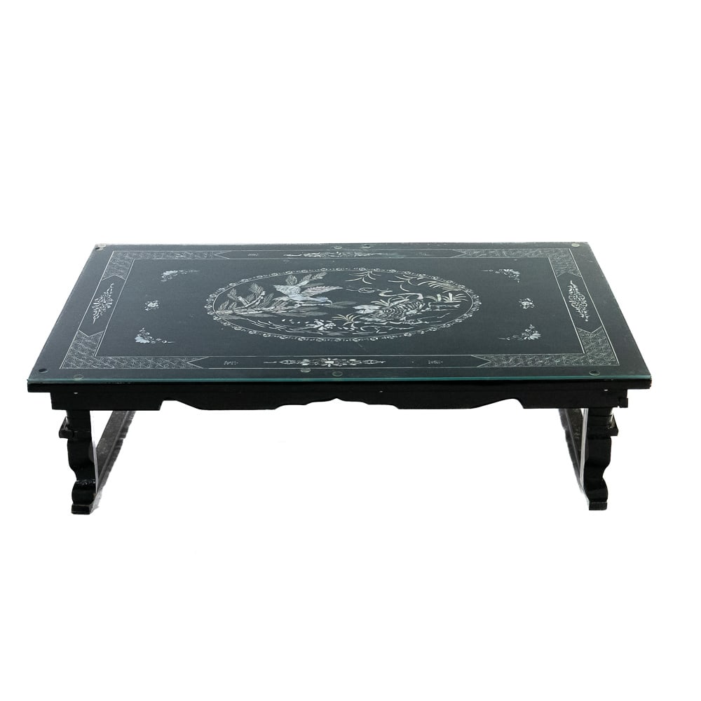 Mid 20th Cent Asian Lacquered Table: Faux mother of pearl inlay depicting birds. Also has a glass top covering the surface. Minor wear to bottom table rails. 48" x 32" x 14" high NOTE: Pickup/transport required. Contacts available post