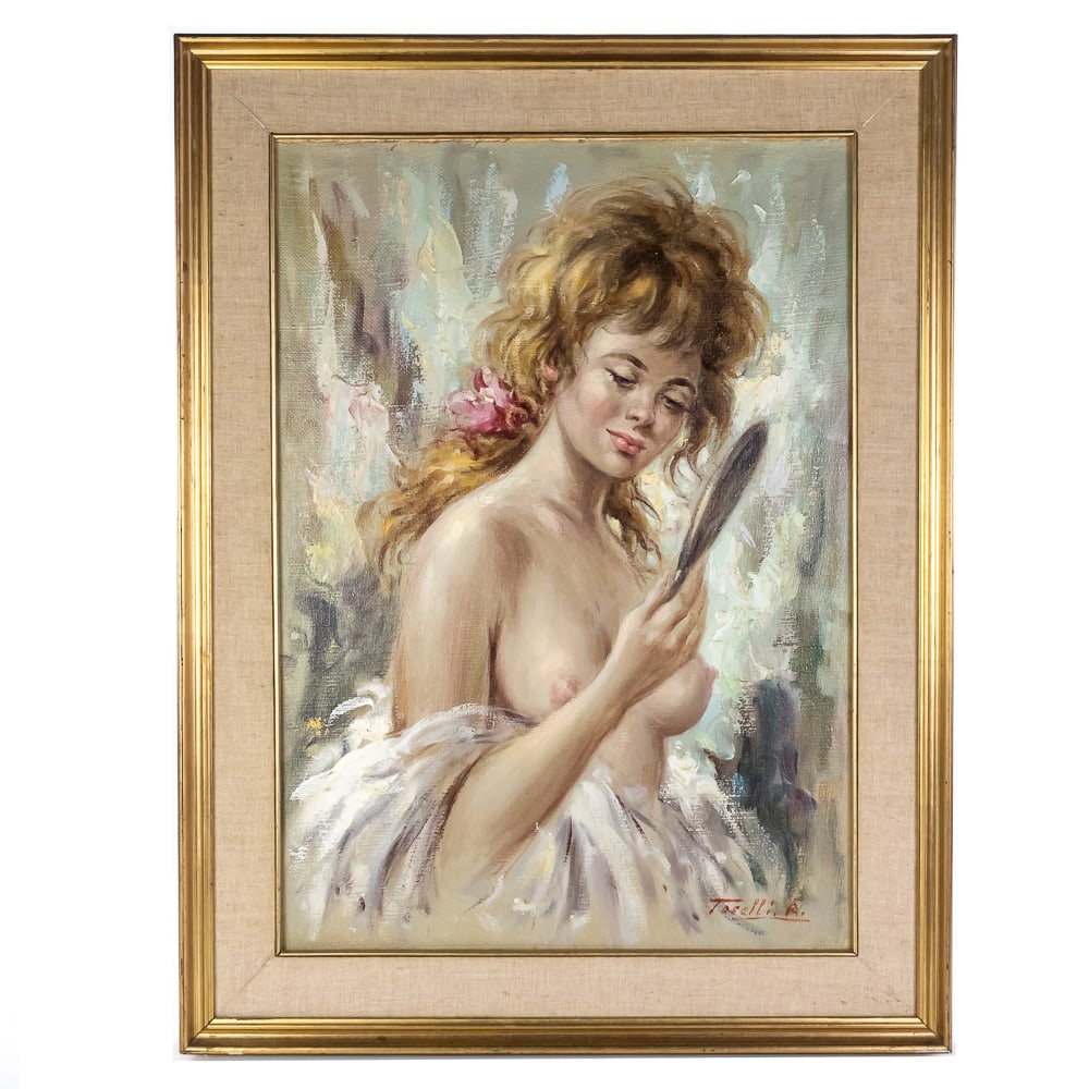 Framed Oil on Canvas Nude w/Mirror - A. Toselli: Mid-20th century Italian school. Painting is in very good condition and is signed lower right. Measures approximately 26.75 X 19.25". With frame - 33 X 25.5"