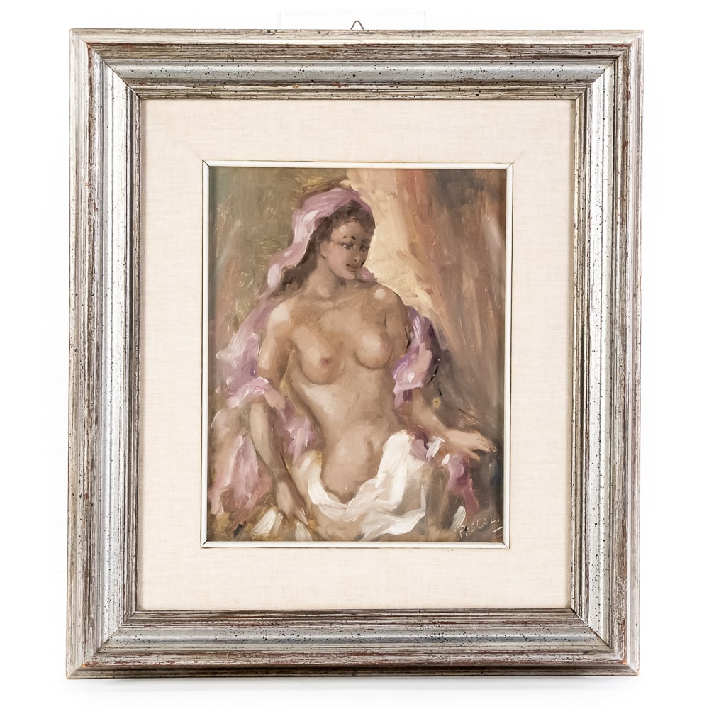 Framed Pascali Nude - Oil on Masonite: Italian school mid-20th-century nude by Pascali (PASCALI), oil on masonite panel, signed lower right, presented in a frame. Condition is good. Panel approx. 10.25" x 8.375"; framed approx. 18" x 16".