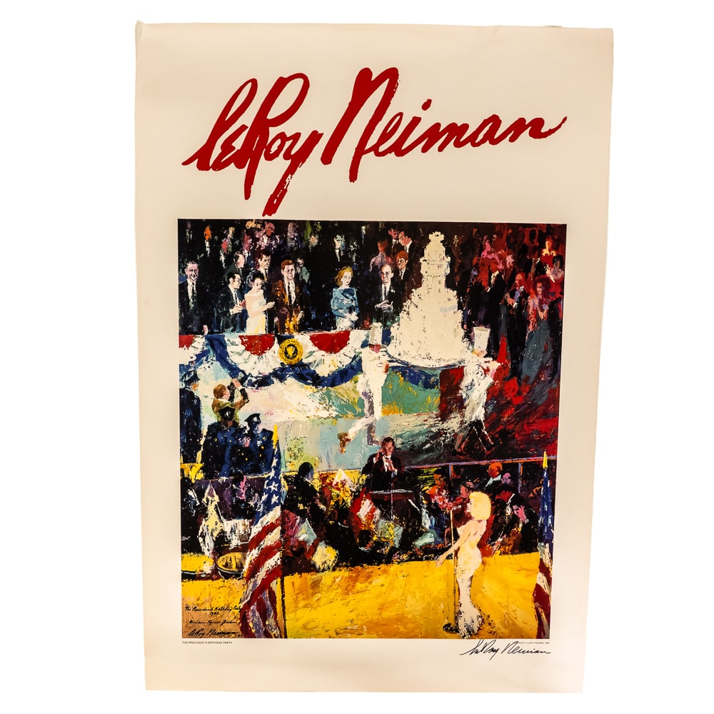 '89 Leroy Nieman Presidents Birthday Signed Poster: Leroy Neiman 1989 "Presidents Birthday" artist hand signed print with paper COA. Very good overall condition with soft edges and some minor creases; approximately 34.5"t x 24". Just needs a frame and