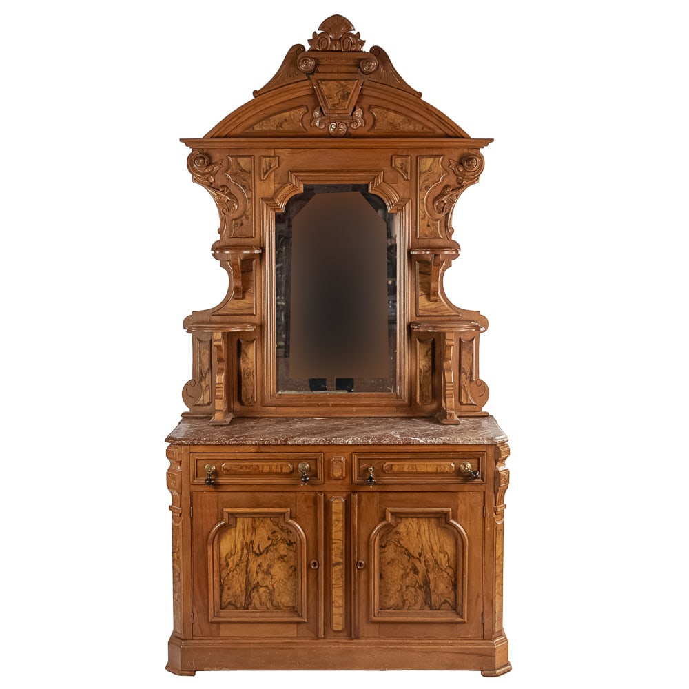 Victorian Walnut Dresser & Mirror: Classic Victorian era walnut dresser and mirror that can also be used as a buffet. Base has 2 doors and 2 drawers with brass and ebony teardrop pulls. Base has applied carvings with burl insets and a