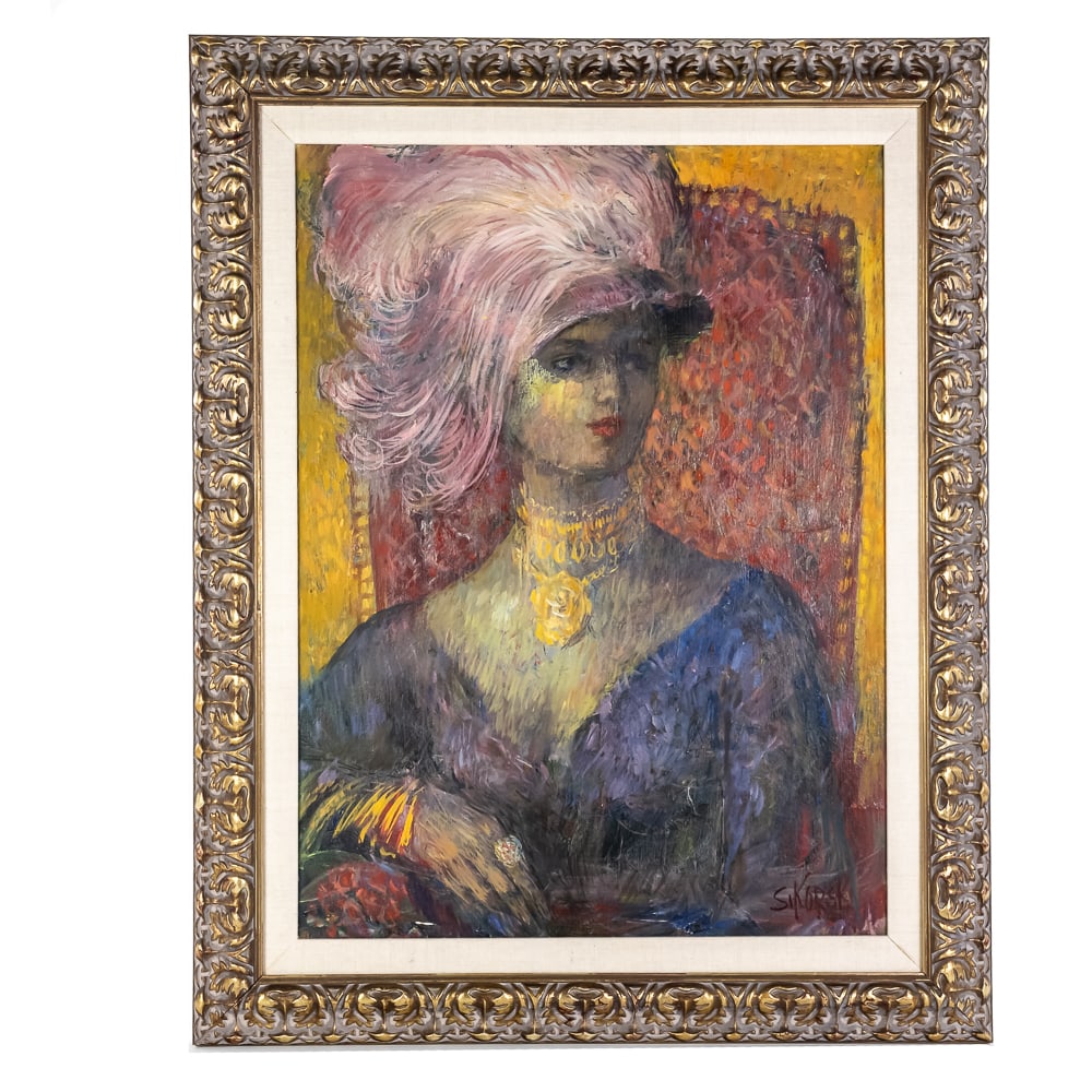 Yvette Sikorsky Woman w/Feather in Hat Portrait: European [20th century] framed oil painting on board. It is signed by the artist in the lower right corner.