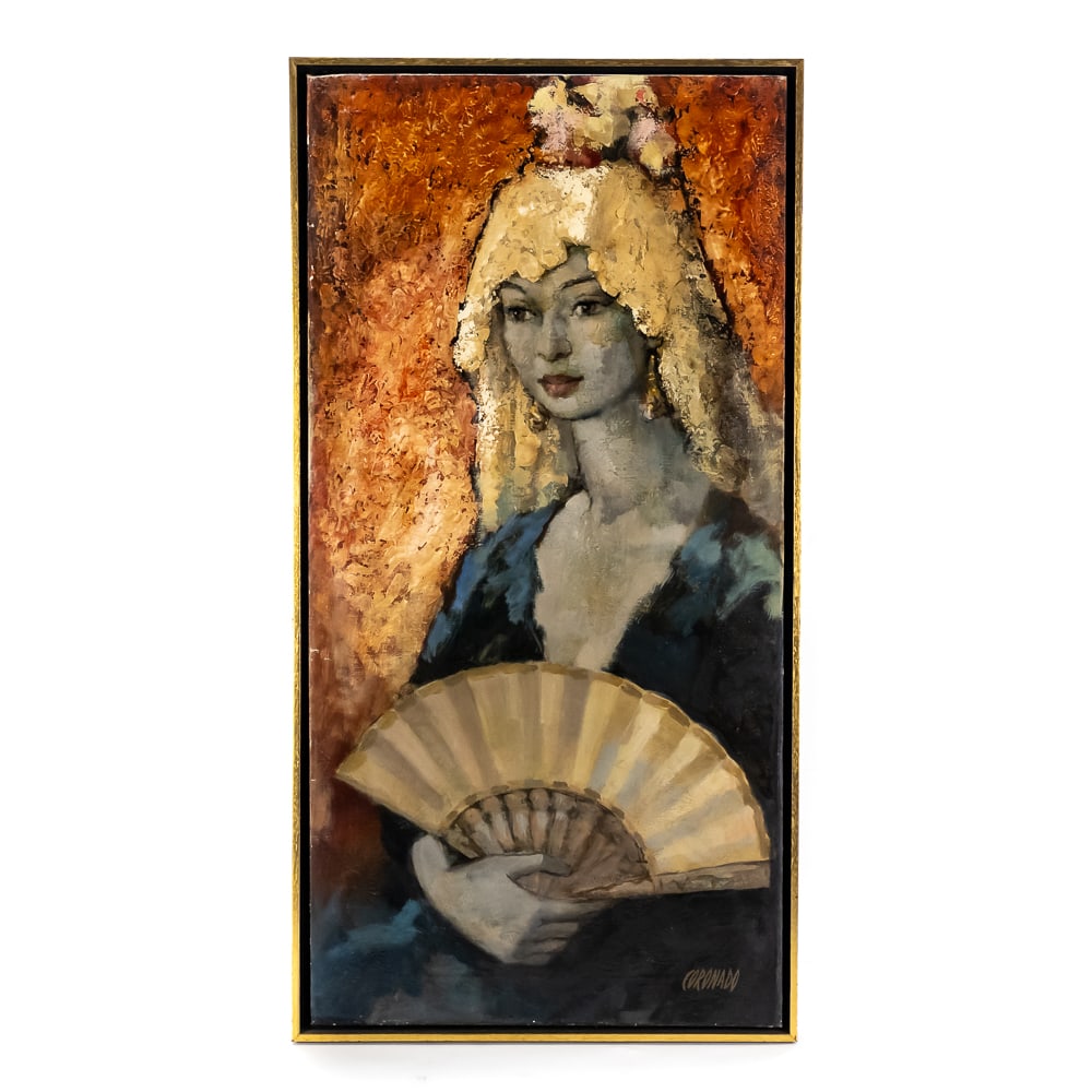Portrait Lady with a Fan M. Coronado: Small 3/4" paint scratch in lower left corner.