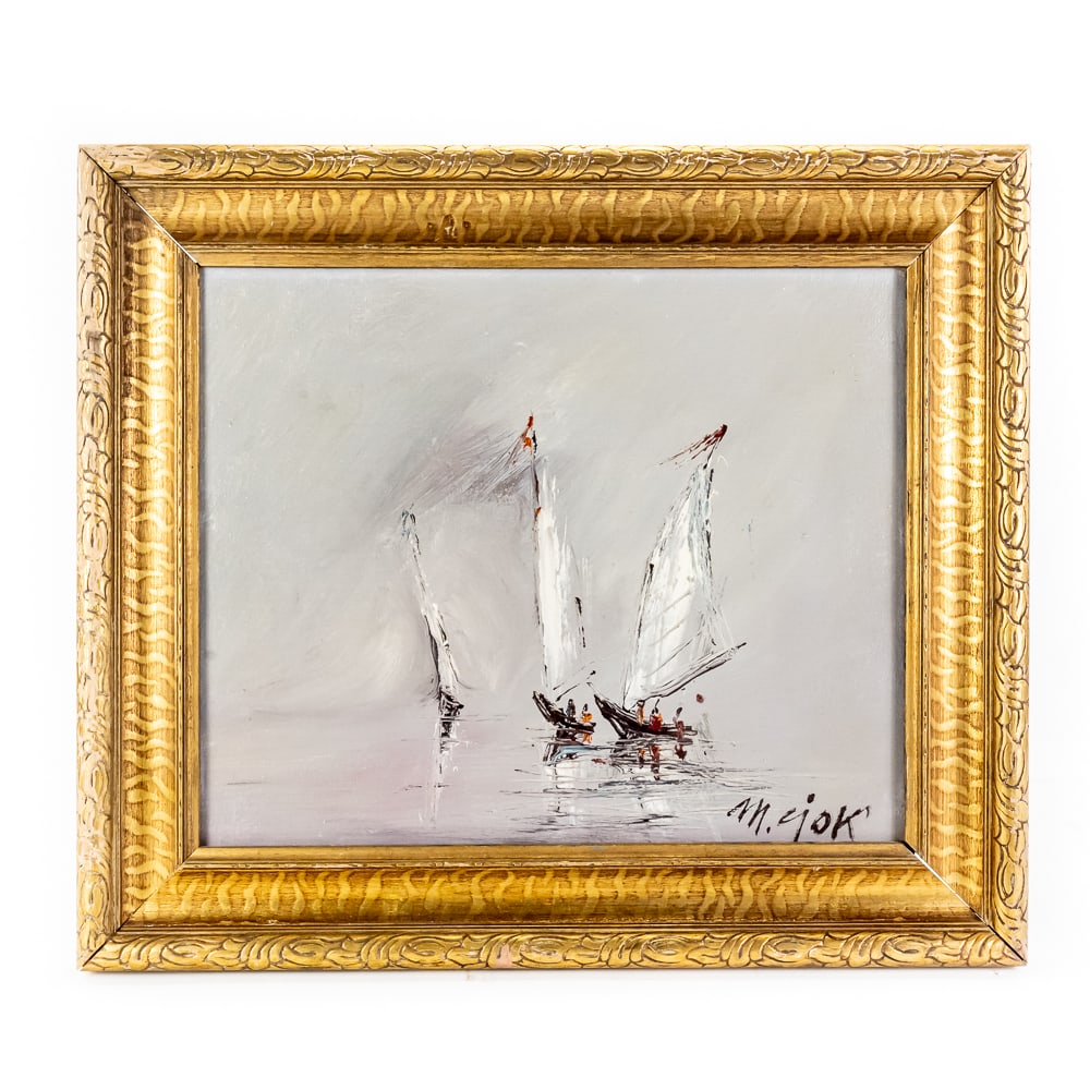 Iko M. Chinese Junk Boat Painting: A framed oil painting on canvas by Iko M. dating to circa the 1970s, possibly depicting Chinese junk boats in the water. The piece is signed in the lower right corner and housed in an older picture fr