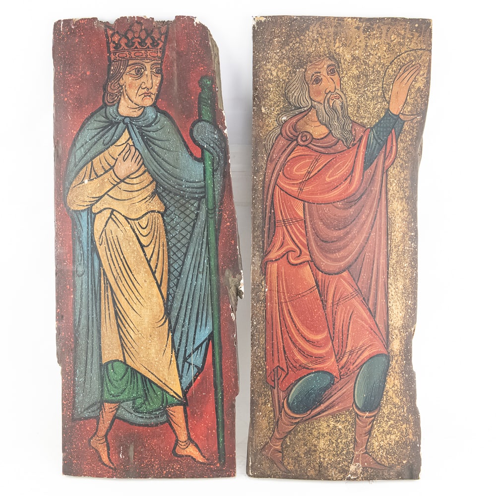 (2) Hand-Painted Religious Wooden Panels: (2) Hand-Painted Wooden Panels Religious, a pair of two hand-painted wooden panels, depicting reproductions of Russian icons, religious or royal figures. Both panels have raw edges, losses to the wood