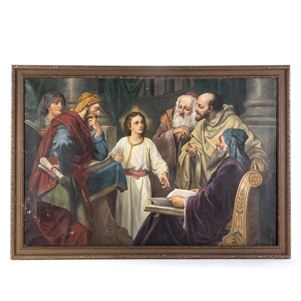 Christ Child Oil Painting on Canvas: A framed oil on canvas by an unknown artist, most likely a 19th/early 20th-century European school copy painting. The subject matter is the Visitation by the young Christ child. The work is unsigned. 