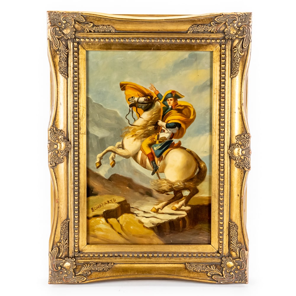 Oil on Tile Painting Napoleon Crossing the Alps: An oil painting on tile from the late nineteenth to early twentieth century by an unknown artist, depicting Napoleon Bonaparte. The surface shows some darkening and possibly a couple of small paint re