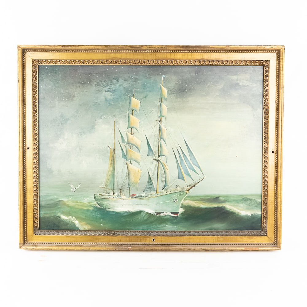Framed Oil Painting "Barque Eagle": Artist: Captain Ralph M. West. Late 20th century American artist. Framed oil painting on plywood panel. Signed by the artist in the lower left corner, and housed in a much older frame. Good condition,