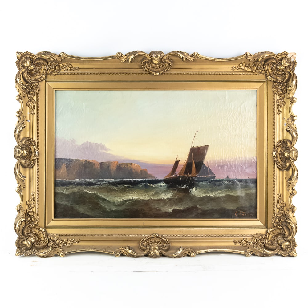 Sailboat Oil Paining, G. Stanley, Artist: Oil painting by artist G. Stanley (late 19th to early 20th century). Subject matter is sailboats off the coast, most likely English coast. It is a framed oil painting on canvas. There is faint paint c