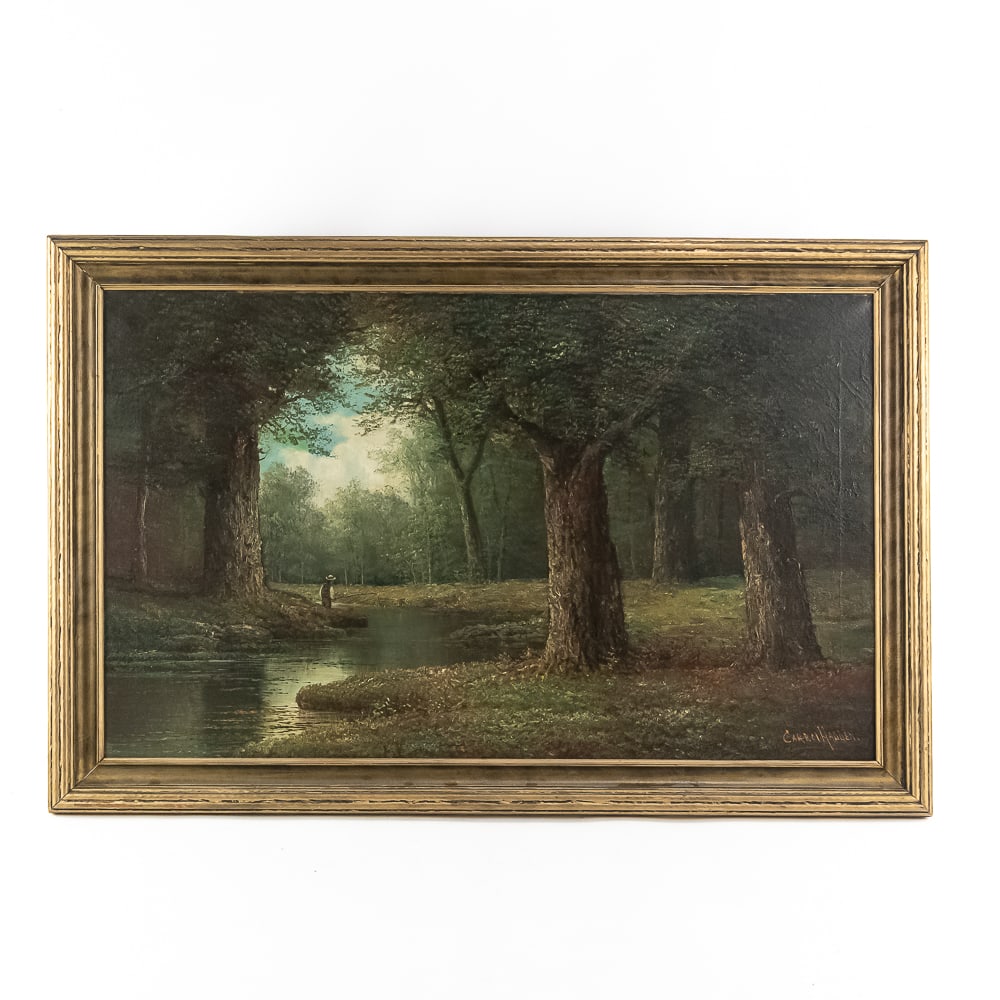 Framed Landscape Oil Painting: Artist Carol Hadden. Early 20th century American artist. Subject matter is an impressionist landscape, with fishermen by the stream. Its a framed oil painting on canvas signed by the artist in the low